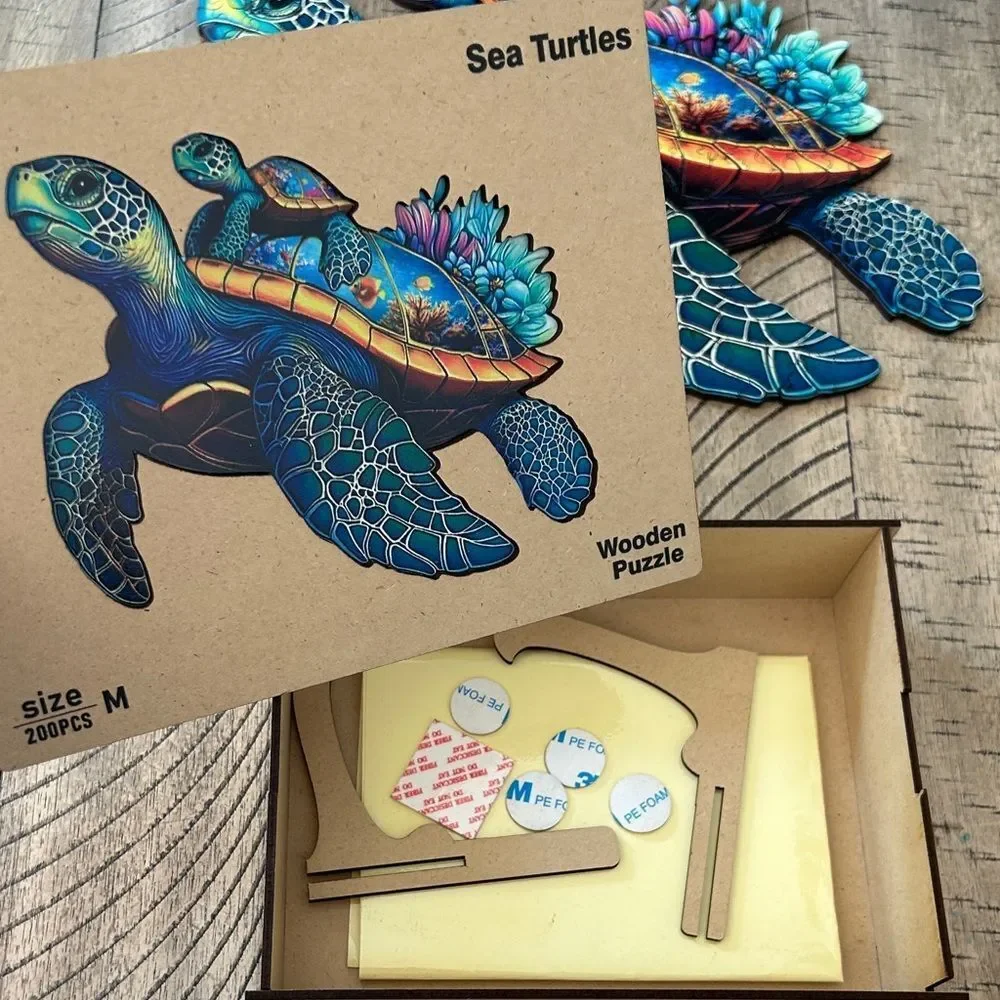 Colorful Sea Turtle Art 🖼️ Puzzle 🧩 wood box & burlap bag